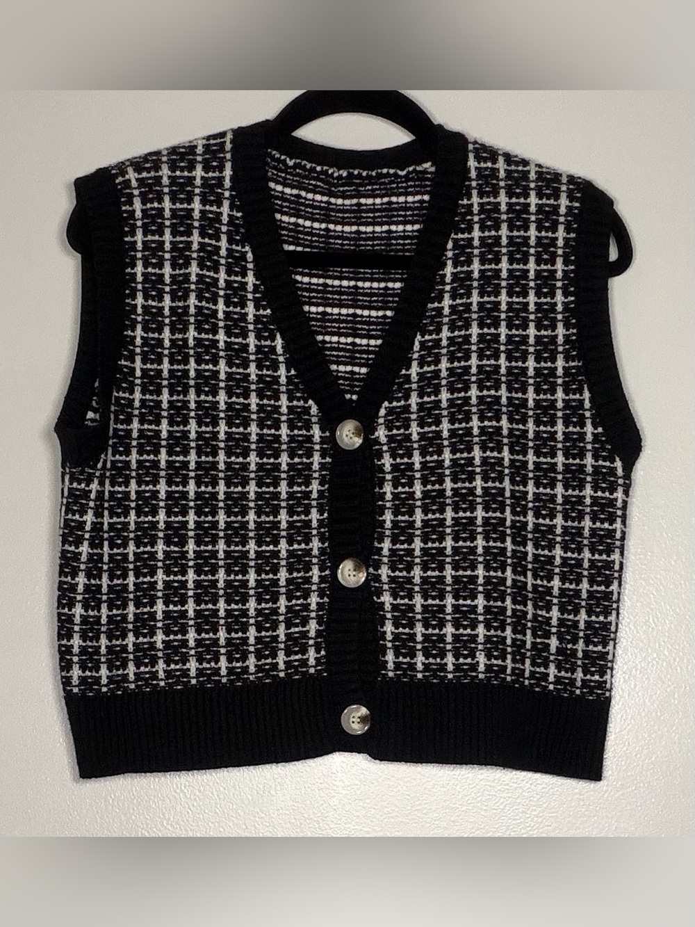 Classic Black & White Check Knit V-Neck Sweater Vest